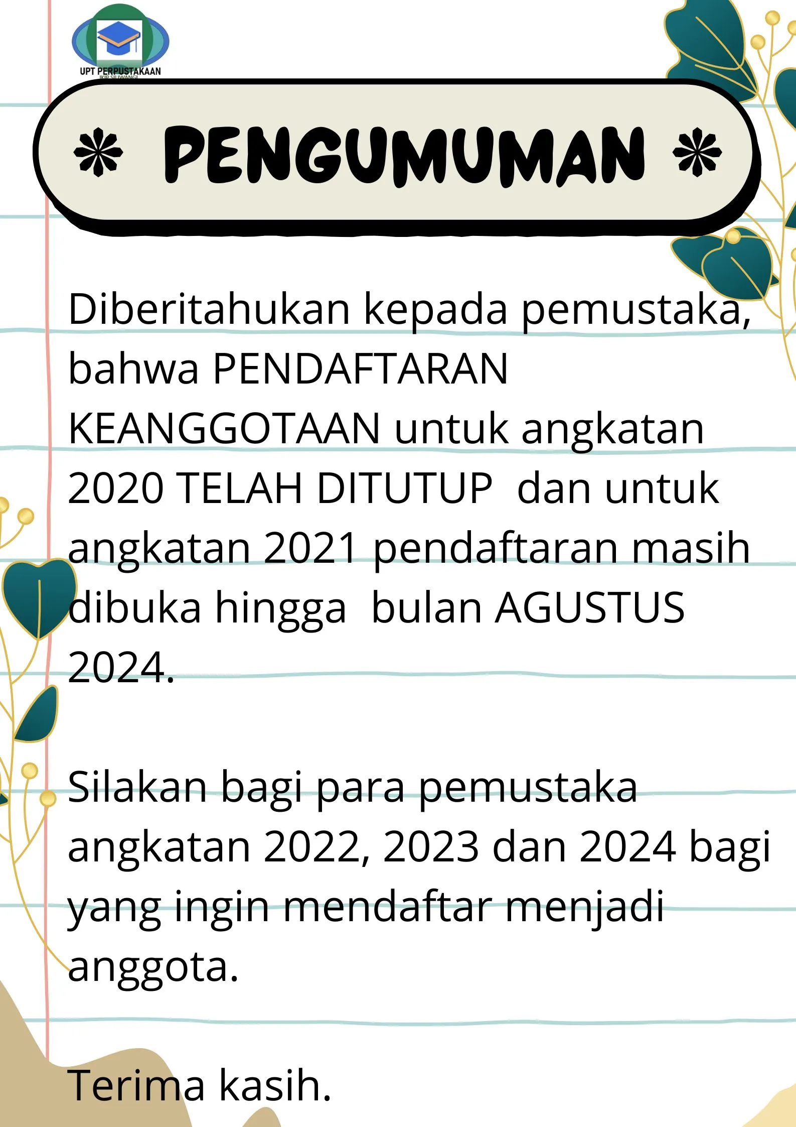 Pendaftaran Anggota Angkatan 2020 Ditutup