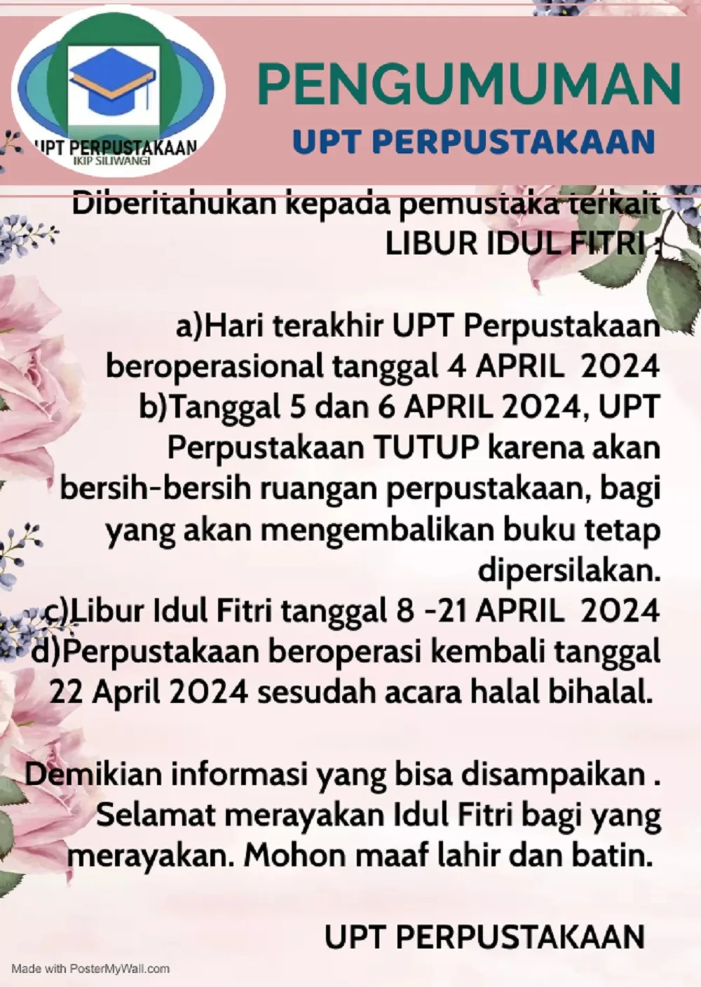 Jadwal Layanan Selama Libur Idul Fitri 2024